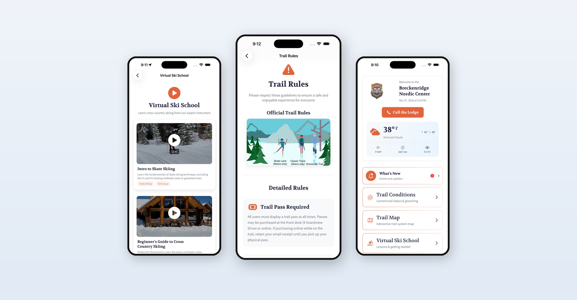GoBNC app feature screens showing trail details and ski school