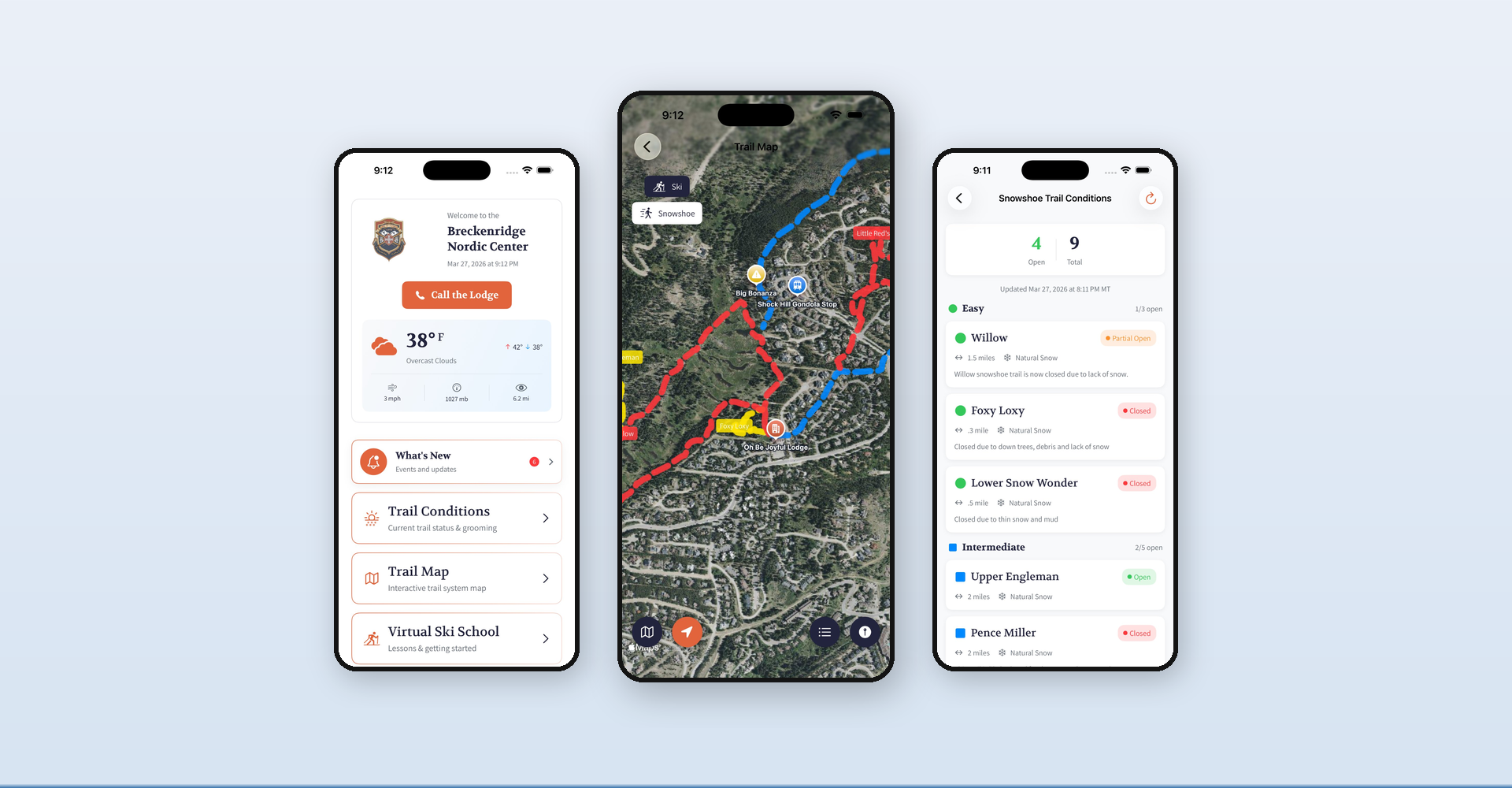 GoBNC app screenshots showing trail map and conditions